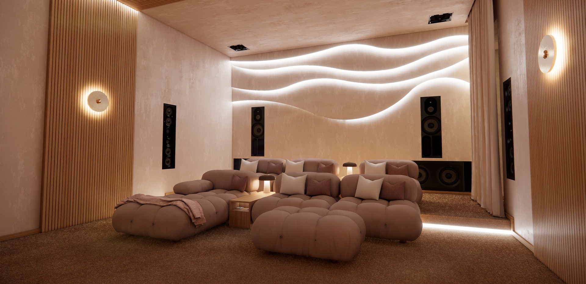 Luxurious home theater with plush seating, warm lighting, and textured acoustic walls.