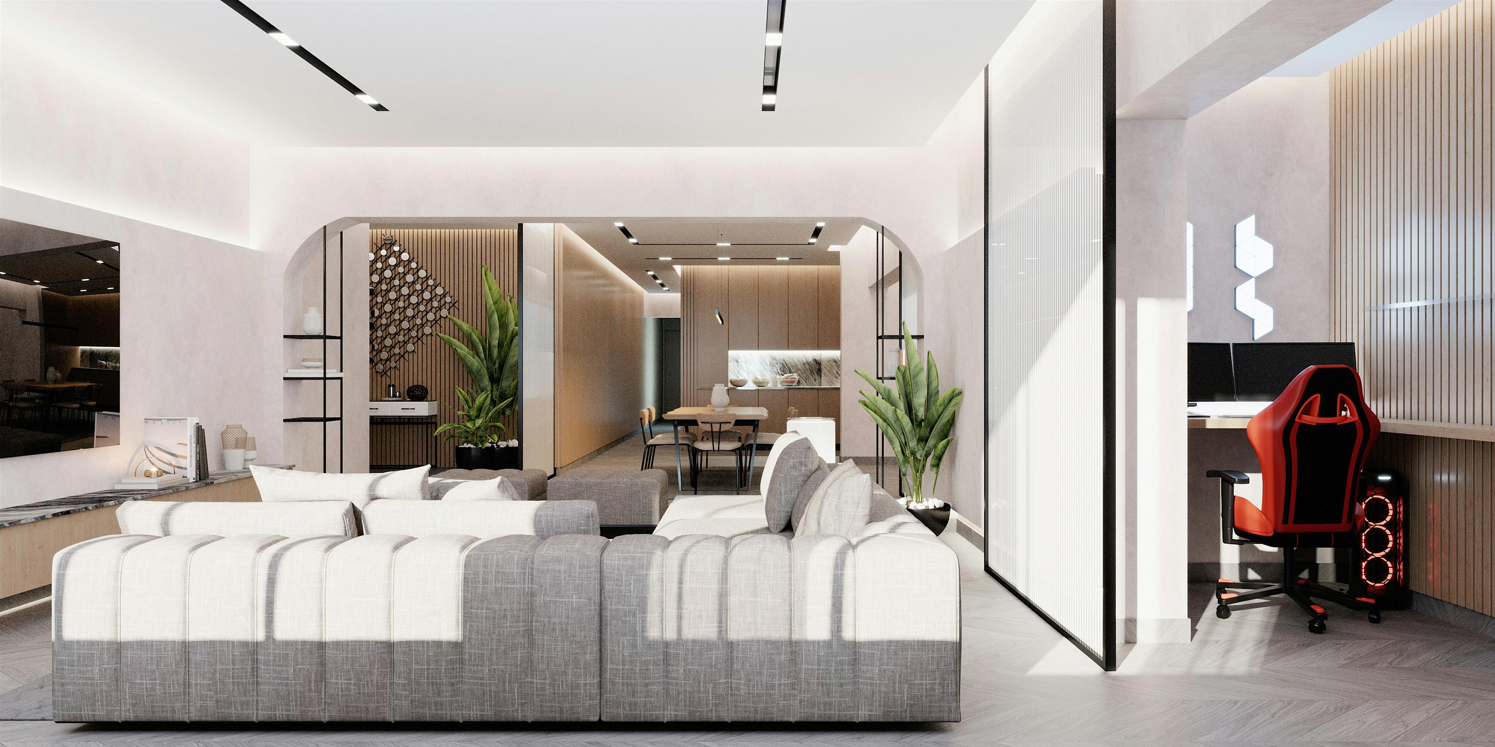 Stylish open-concept living space with sectional sofa and modern workstation