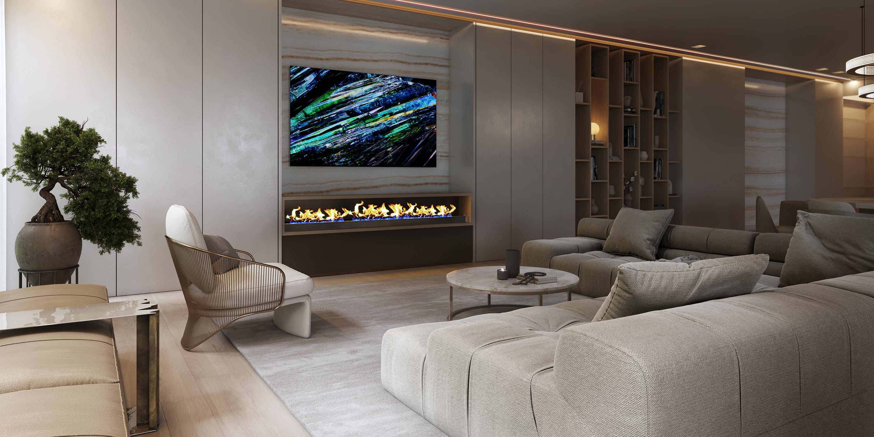 Elegant media room with large sectional, fireplace, and widescreen TV