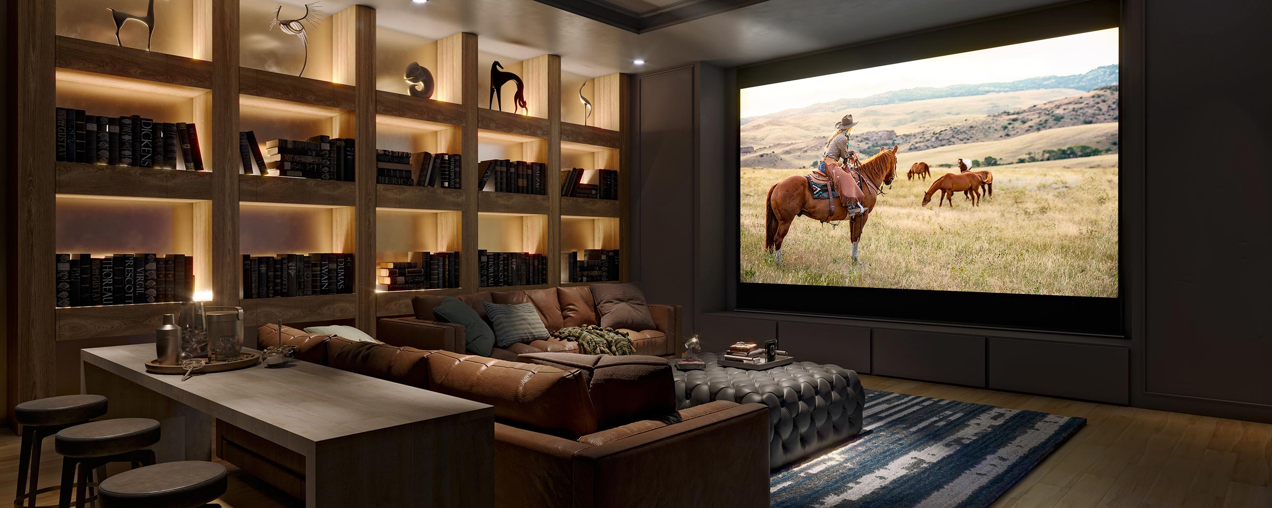 Cozy home theater with leather sectional, large screen, and backlit bookshelves