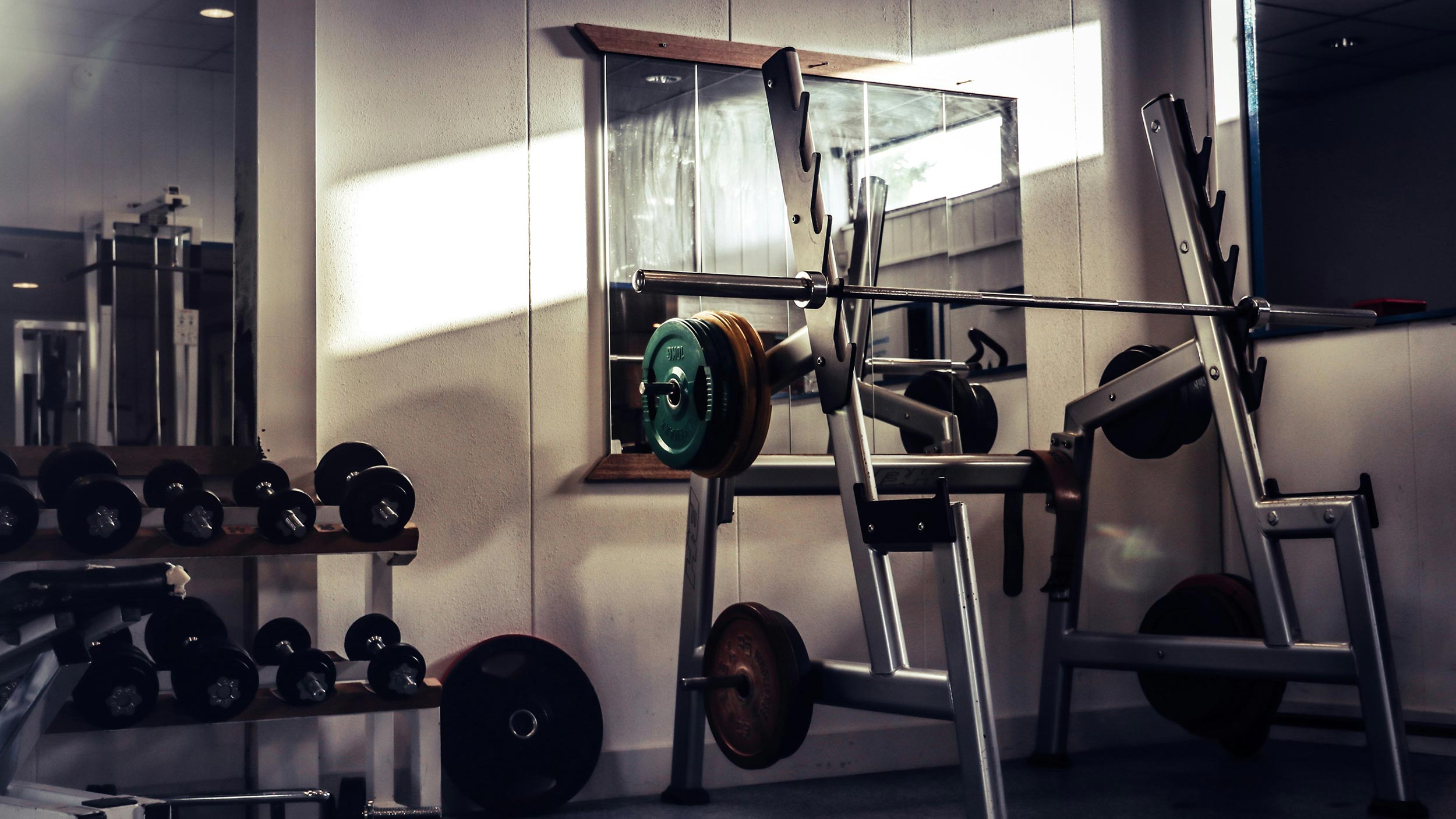 Gym area with dumbbells and a barbell rack in front of a wall mirror