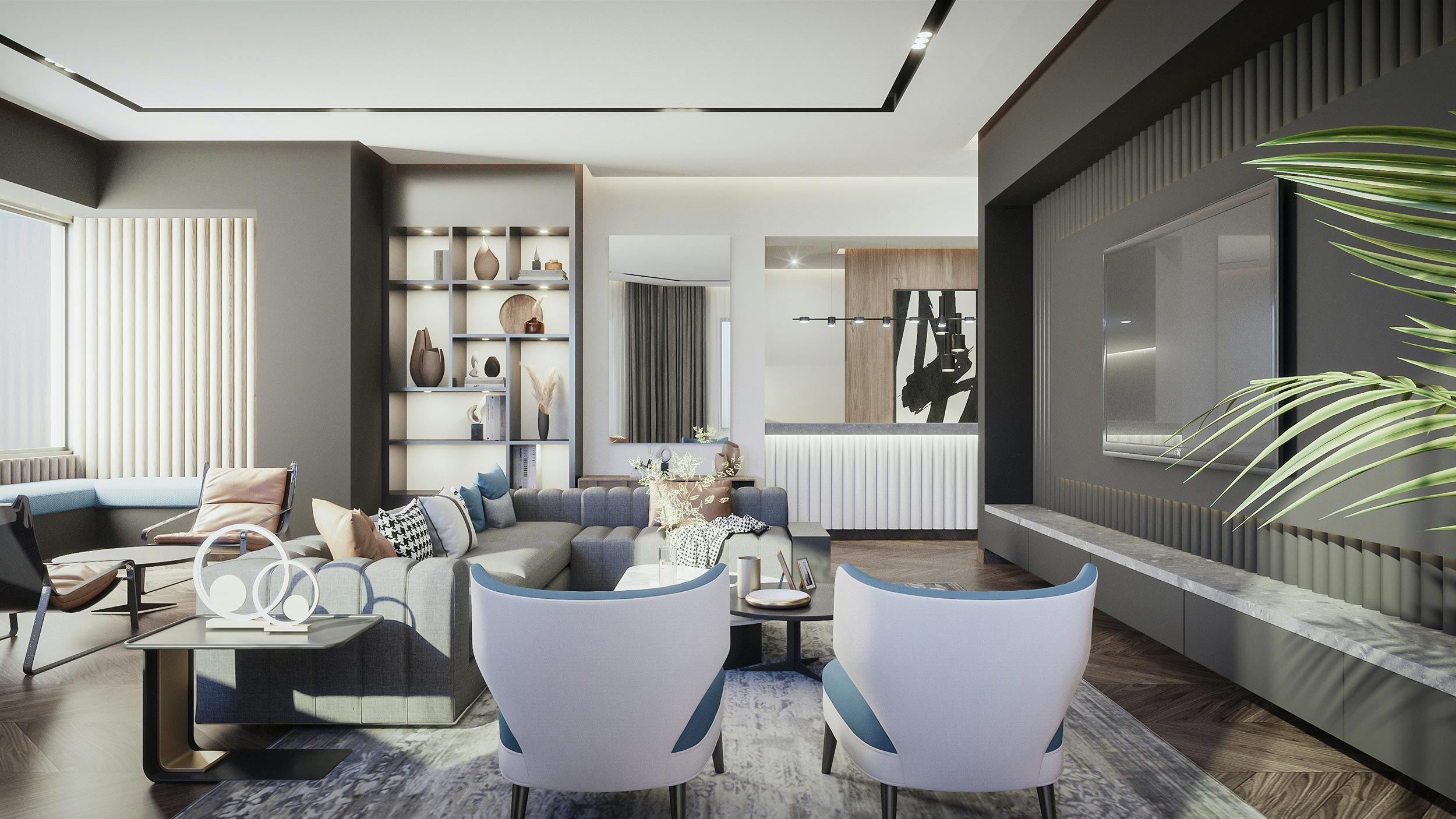 Luxury media room with multiple large TVs and comfortable seating