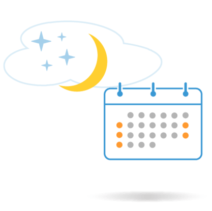 Night mode calendar with stars and moon above a scheduling icon