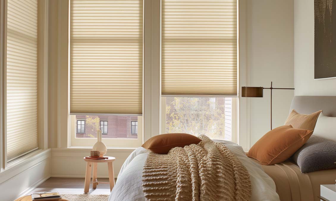 Bedroom with beige honeycomb shades on tall windows
