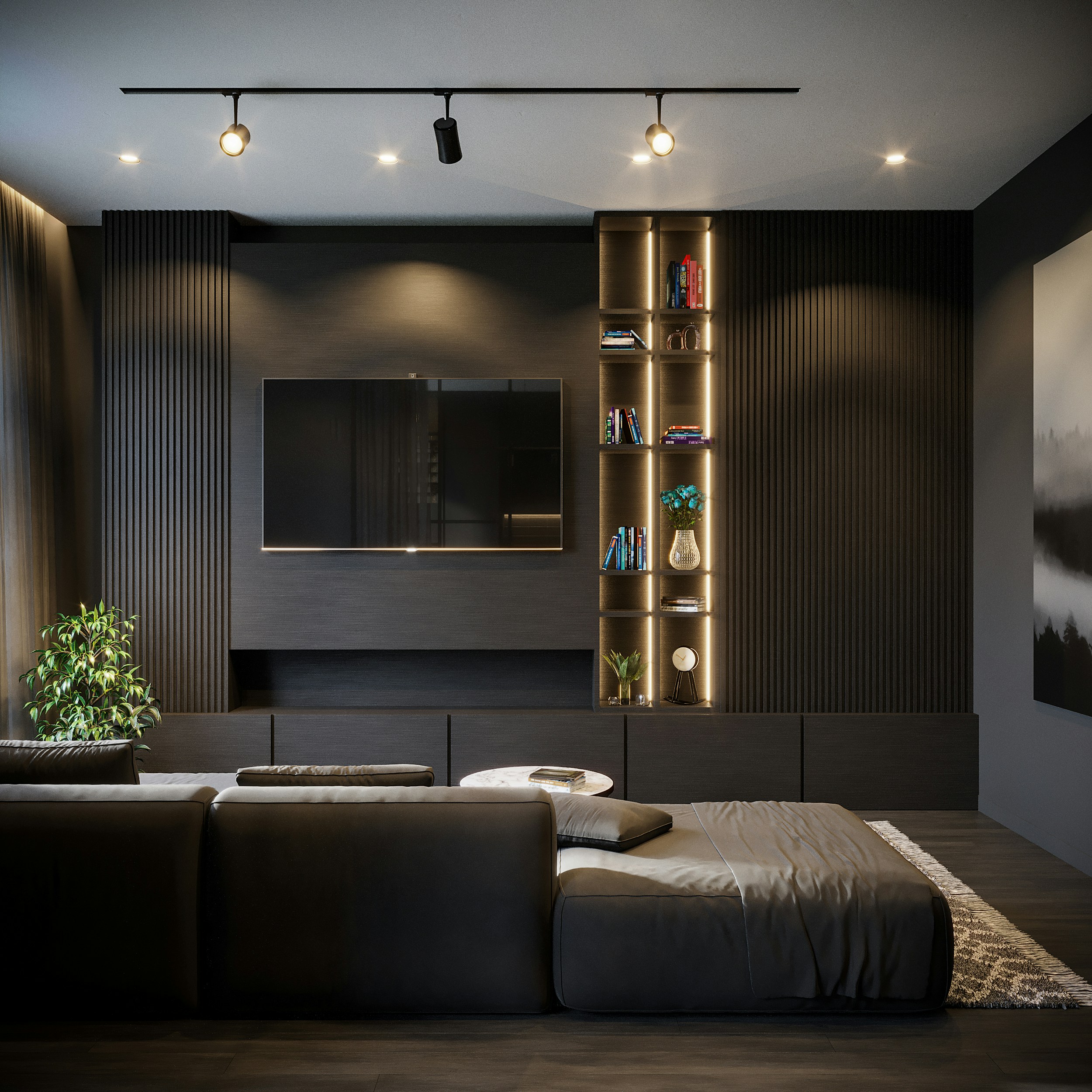 Home theater with reclining seats facing a large screen and illustrated sound waves throughout the room.