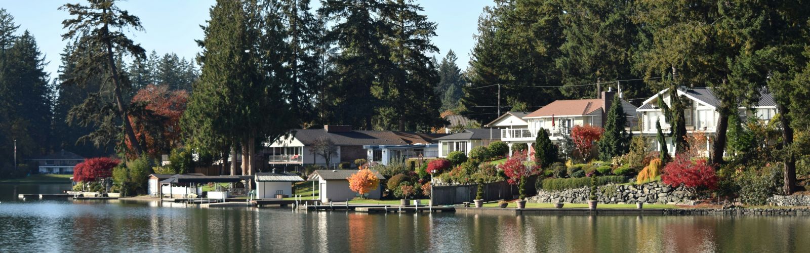 Still not rendering on my end — let me check the file directly.Waterfront homes with private docks along a tree-lined lake, showcasing lakeside living amid tall evergreens and autumn foliage.
