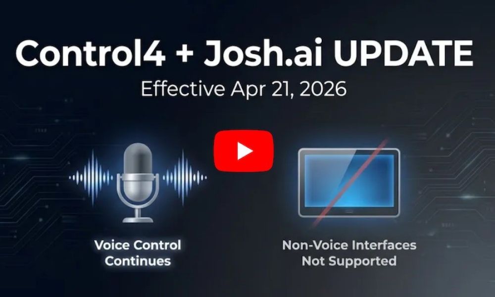 Control4 & Josh.ai update graphic: Voice control remains; non-voice interfaces unsupported starting April 21, 2026.