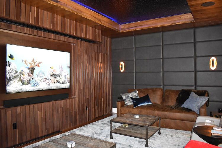 Home theater seating area with brown couch, wood-paneled walls, and large aquarium screen