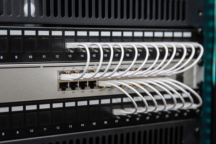 Close-up of Ethernet cables plugged into a patch panel and network switch
