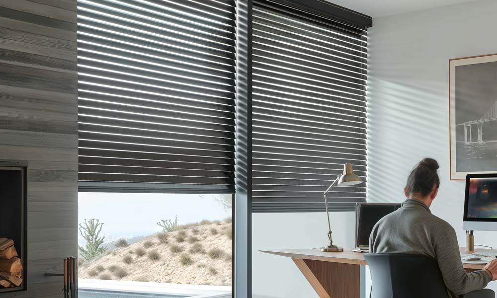 Woman working at desk with horizontal blinds filtering sunlight